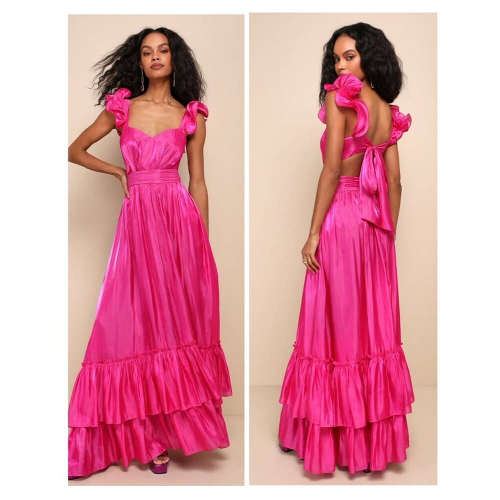 Lulus Pristine Glow Magenta Pink Ruffled Tie-Back Maxi Dress Size Small Formal